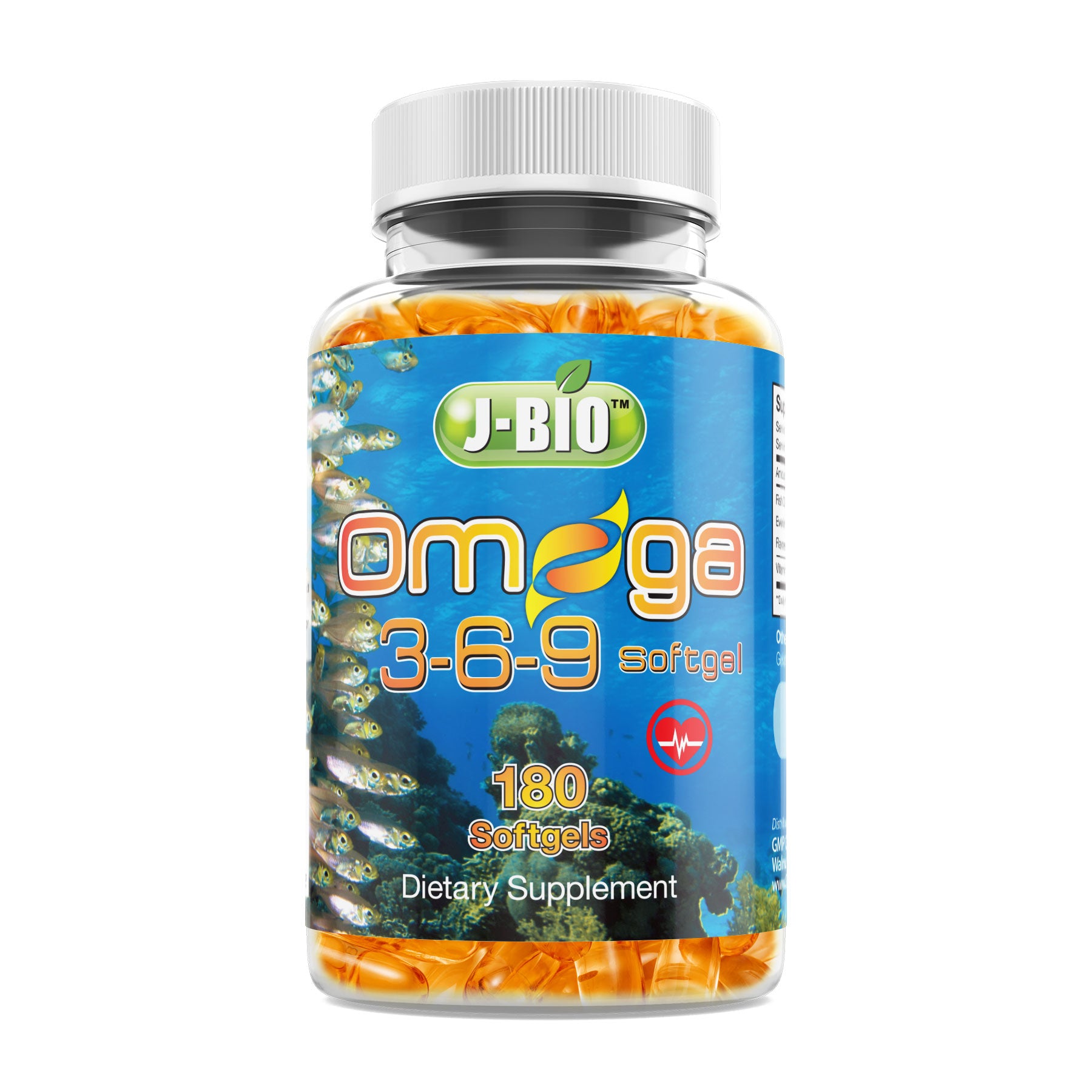 J-Bio Omega 3-6-9 Fish Oil with Organic Flaxseed Oil 180 Softgels